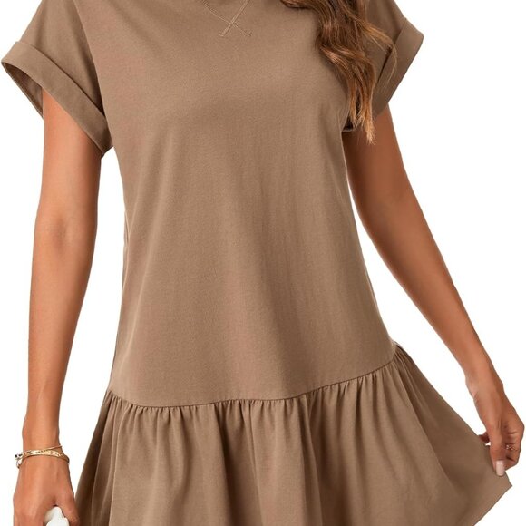 Dresses & Skirts - Women's Cotton Patchwork Mini Dress Short Sleeve Crewneck Casual